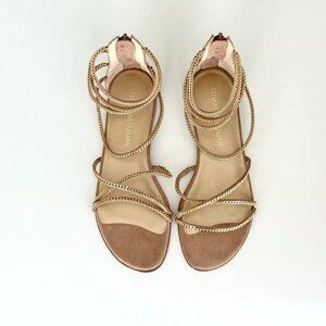 NIB Stuart Weitzman Chaindown Strappy Flat Sandals in Cashew Suede Size 7.5